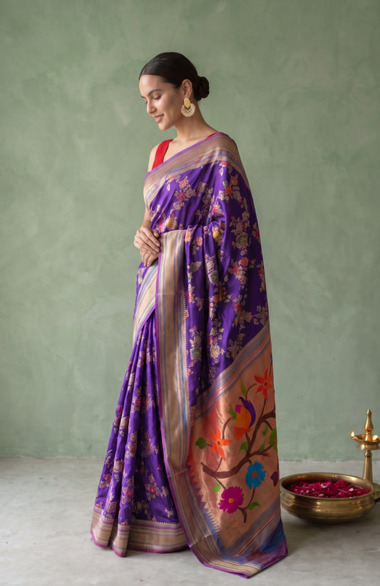 Violet Banarasi Katan Silk Saree with Meenakari Floral Pallu
