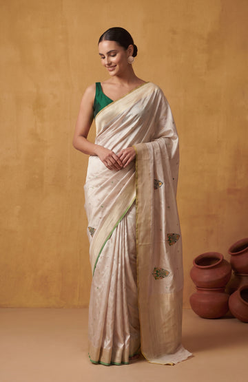 Elegant Cream Katan Silk with Floral Zari Buttas