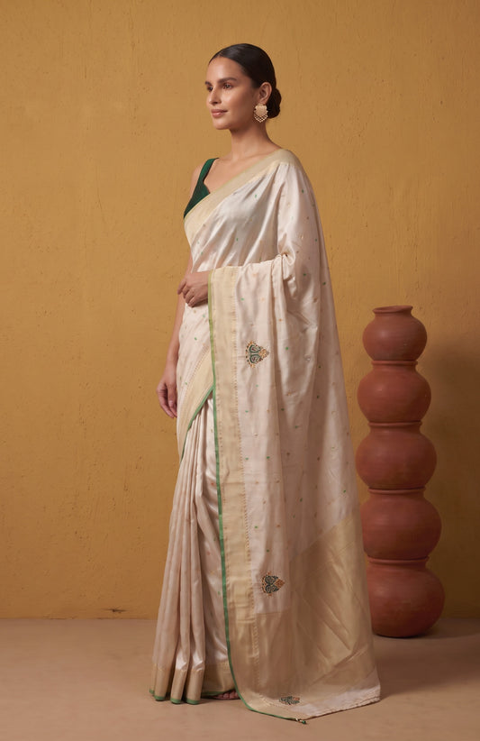 Elegant Cream Katan Silk with Floral Zari Buttas