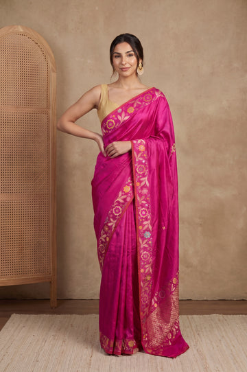 Pink Banarasi Katan Silk Saree with Petit Point Flower Motifs