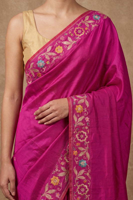 Pink Banarasi Katan Silk Saree with Petit Point Flower Motifs