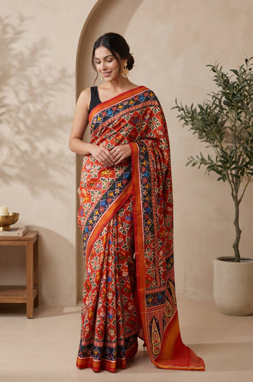 Red Patan Patola Silk Saree with Bird Motifs