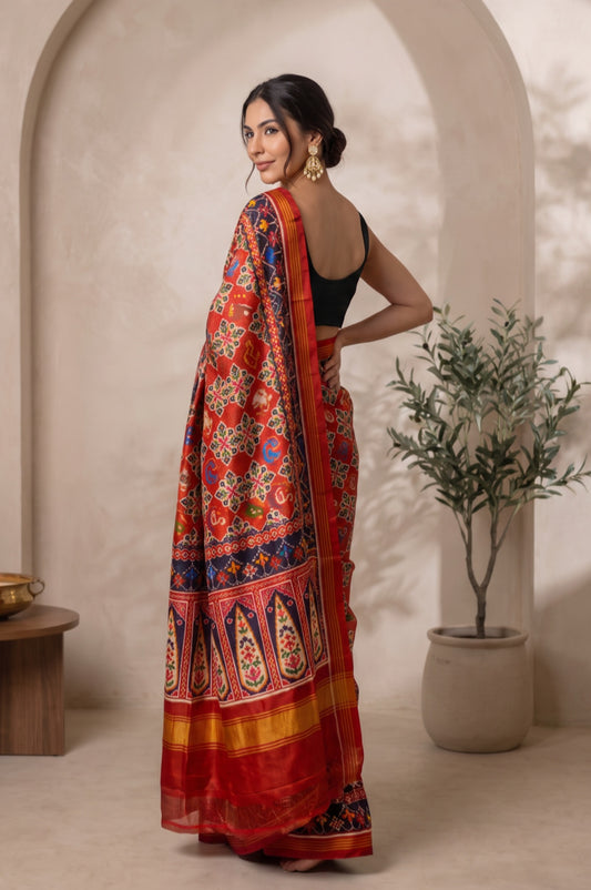 Red Patan Patola Silk Saree with Bird Motifs