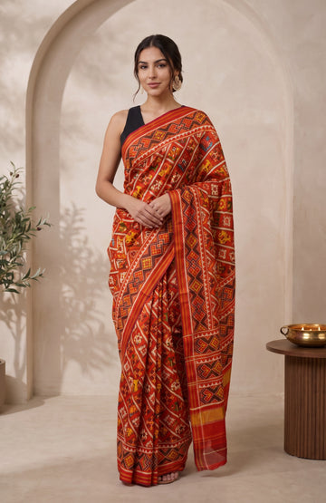 Red Patan Patola Silk Saree with Elephant & Deer Motifs