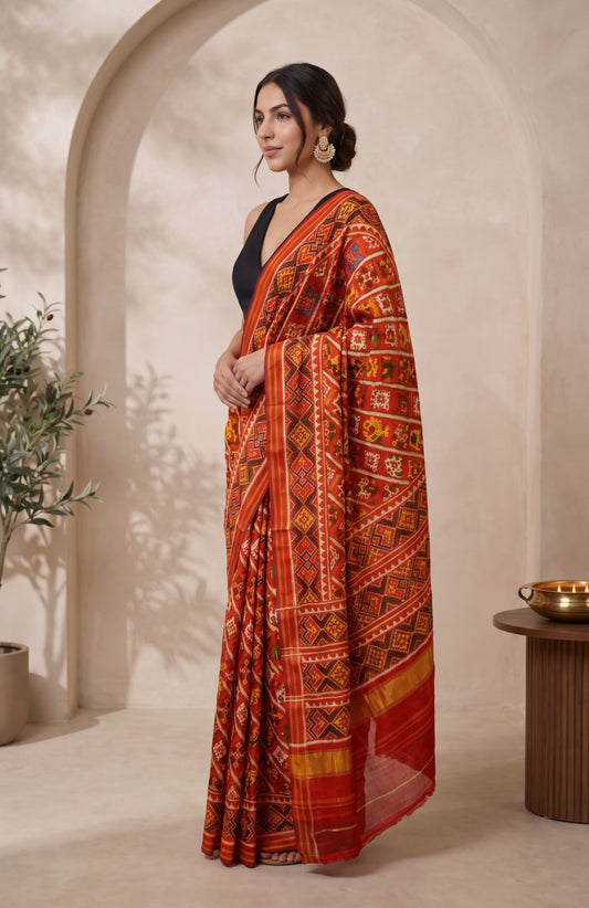 Red Patan Patola Silk Saree with Elephant & Deer Motifs
