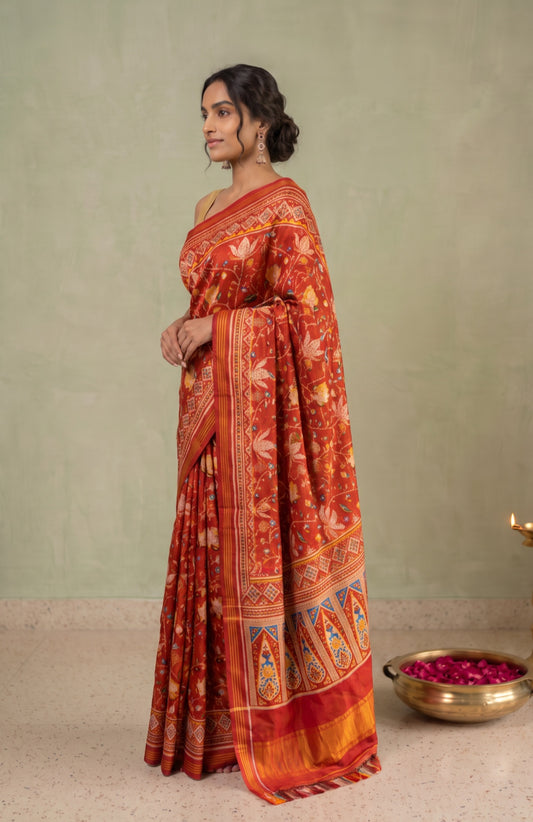 Brown Patan Patola Silk Saree with Flower Motifs