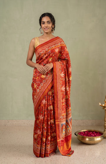 Brown Patan Patola Silk Saree with Flower Motifs