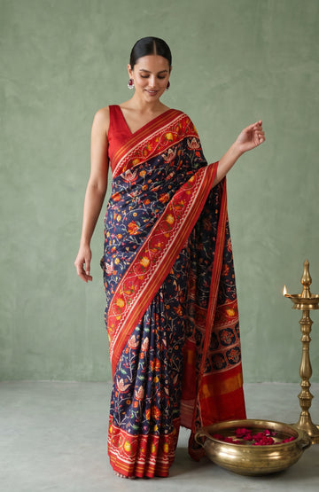 Navy Blue Patan Patola Silk Saree with Lotus Jaal