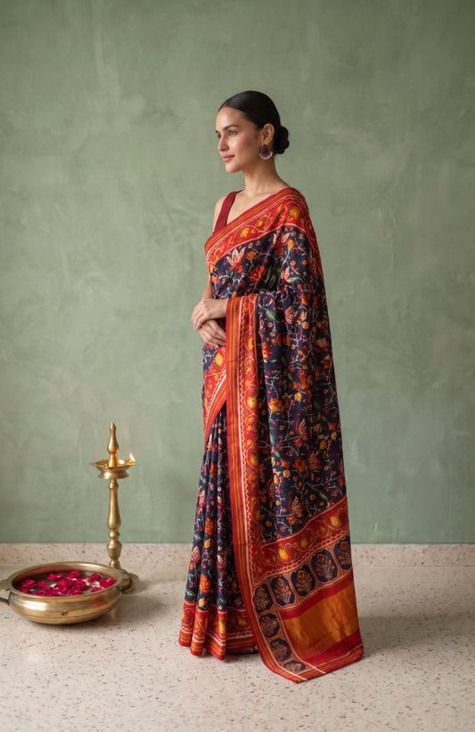 Navy Blue Patan Patola Silk Saree with Lotus Jaal