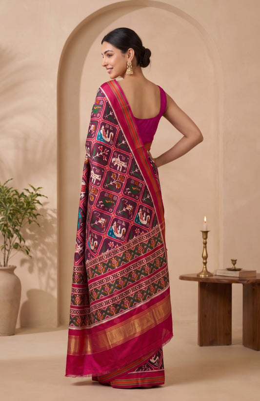 Purple Patan Patola Silk Saree with Contrast Pink Border
