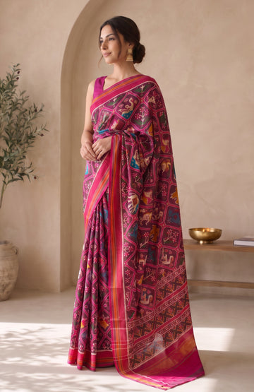 Purple Patan Patola Silk Saree with Contrast Pink Border