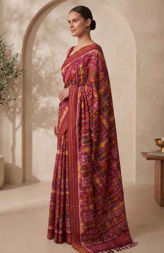 Maroon Patan Patola Silk Saree with Geometric Pattern
