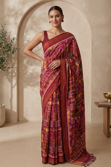 Maroon Patan Patola Silk Saree with Geometric Pattern