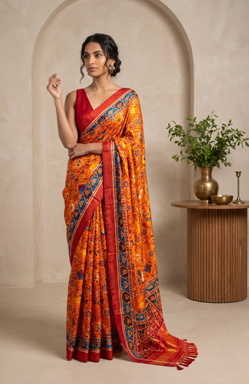 Orange Patan Patola Silk Saree with Multicolour Checks