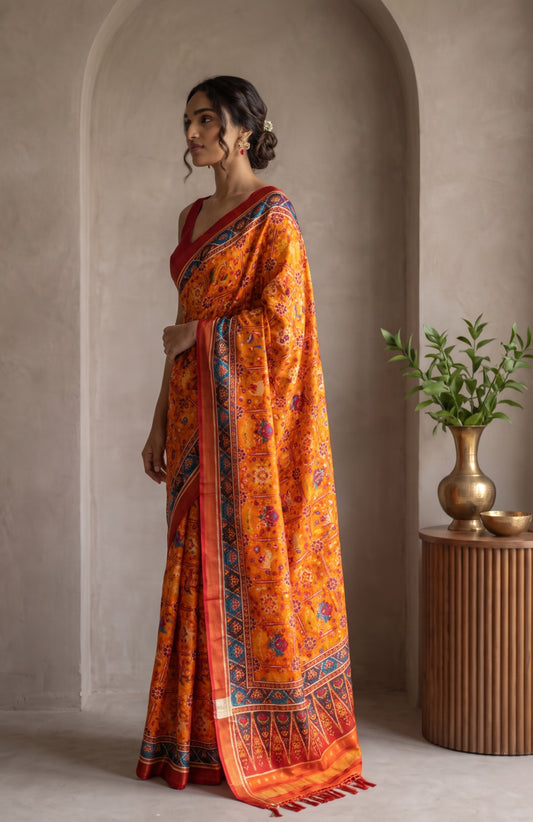 Orange Patan Patola Silk Saree with Multicolour Checks