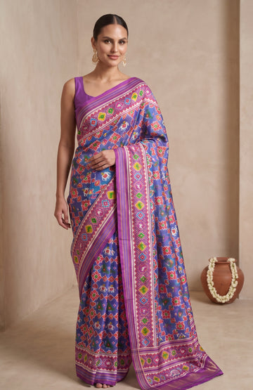 Blue Patan Patola Silk Saree with Parrot & Elephant Motifs