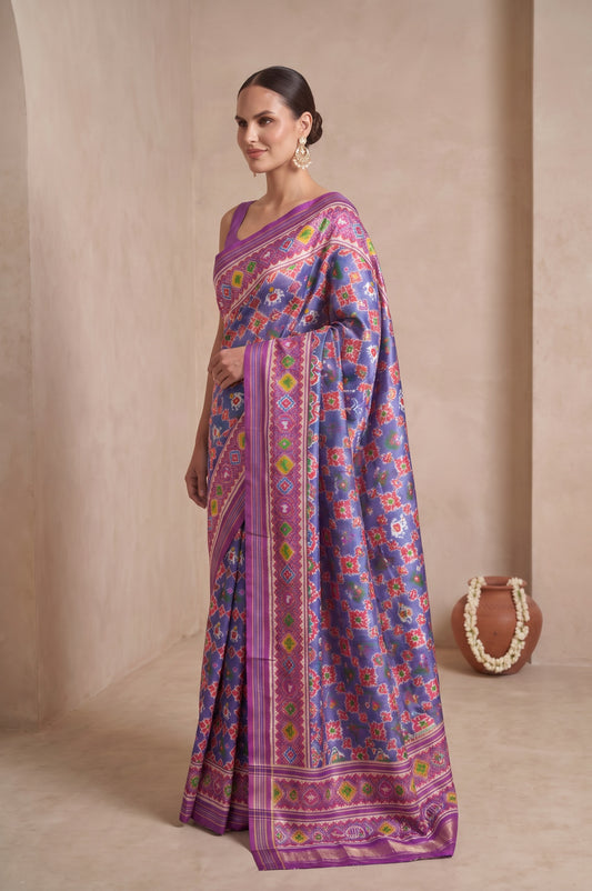Blue Patan Patola Silk Saree with Parrot & Elephant Motifs