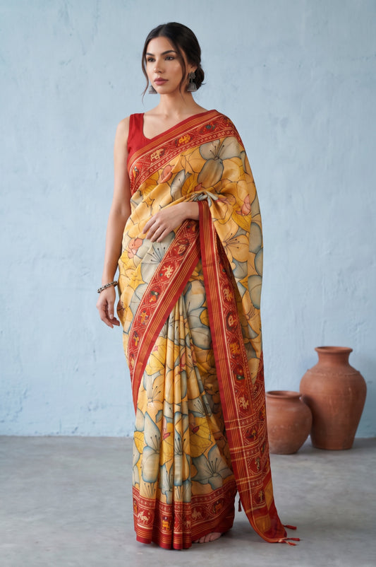 Beige Patan Patola Silk Saree with Kalamkari Design