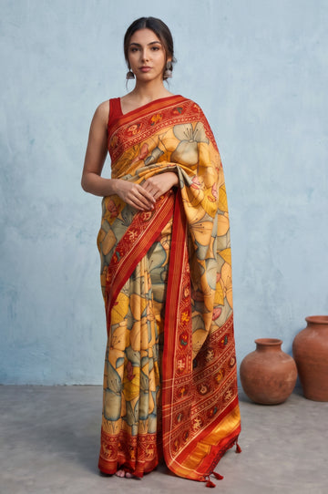 Beige Patan Patola Silk Saree with Kalamkari Design