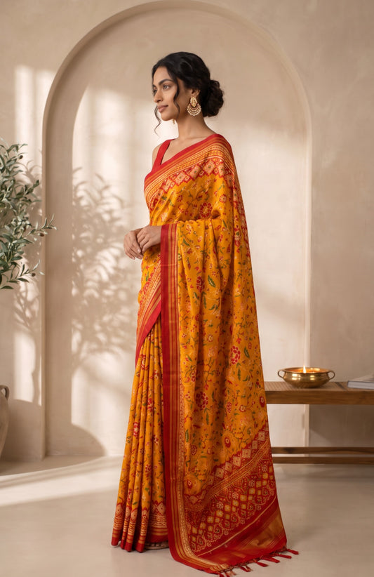 Mustard Patan Patola Silk Saree with Maroon Floral Jaal