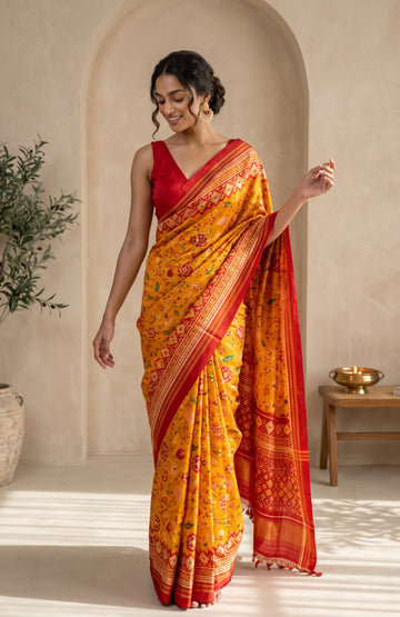 Mustard Patan Patola Silk Saree with Maroon Floral Jaal