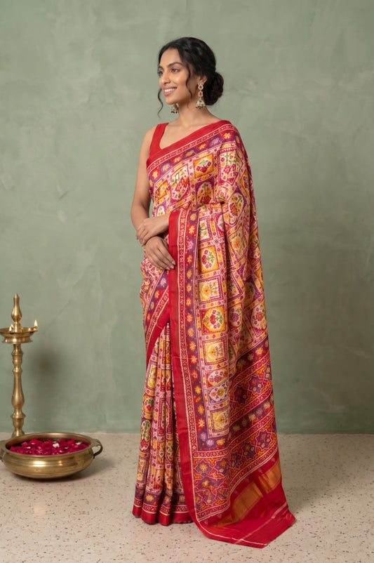Multicolor Patan Patola Silk Saree with Contrast Red Border