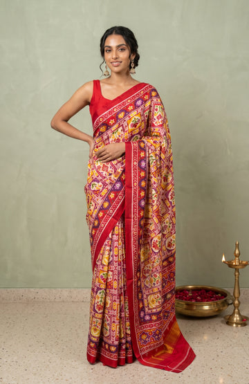 Multicolor Patan Patola Silk Saree with Contrast Red Border