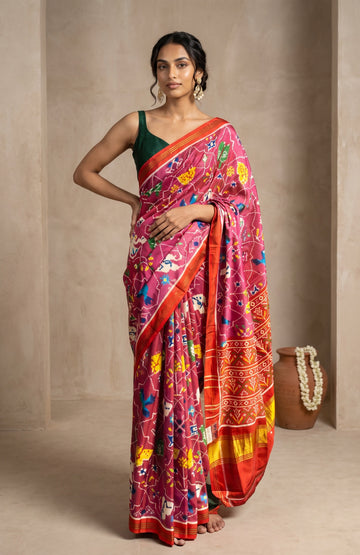 Lavender Patan Patola Silk Saree with Elephant & Deer Motifs