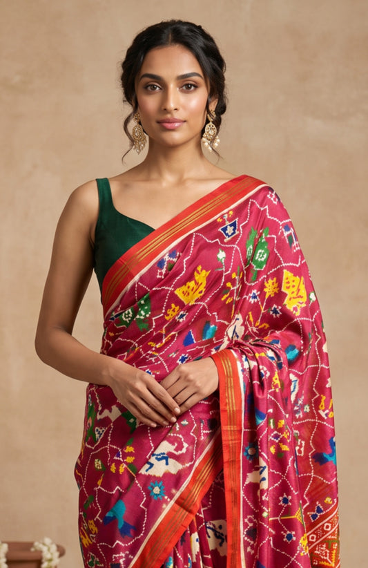Lavender Patan Patola Silk Saree with Elephant & Deer Motifs