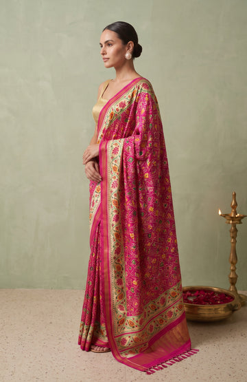 Blush Pink Patan Patola Silk Saree with White Floral Jaal