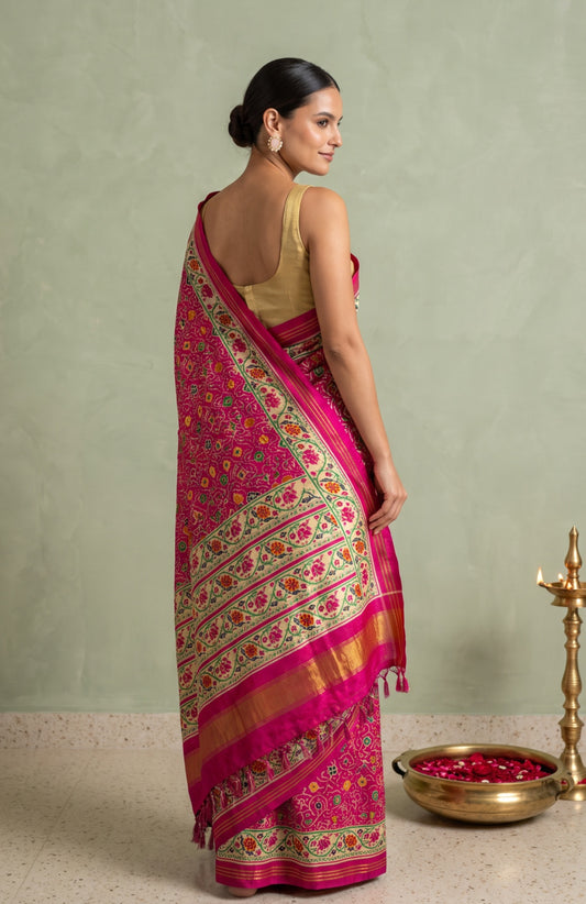 Blush Pink Patan Patola Silk Saree with White Floral Jaal