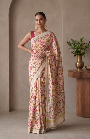 White Floral Jaal Patan Patola Silk Saree