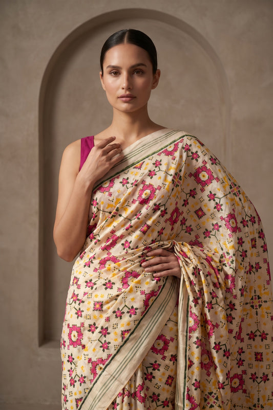 White Floral Jaal Patan Patola Silk Saree