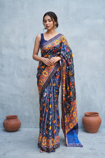 Blue Patan Patola Silk Saree with Bird Motifs