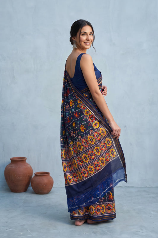 Blue Patan Patola Silk Saree with Bird Motifs