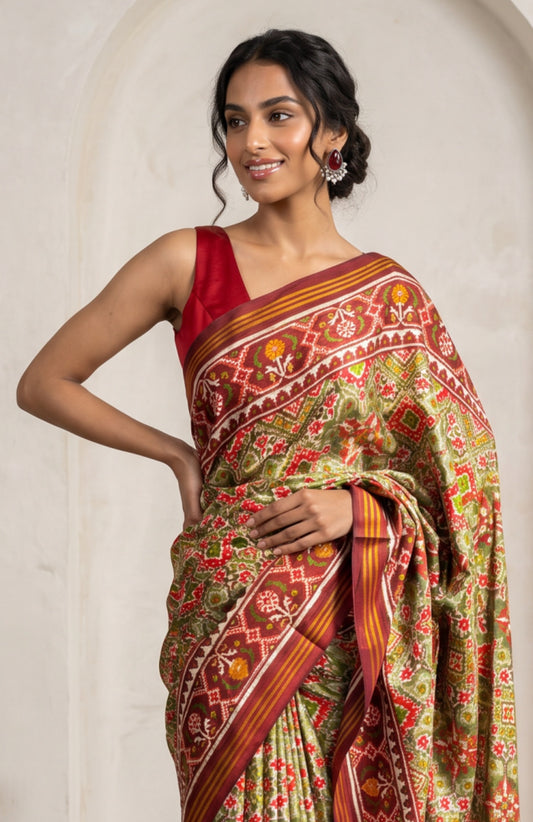 Pista Green Patan Patola Silk Saree with Elegant Brown Contrast Jaal