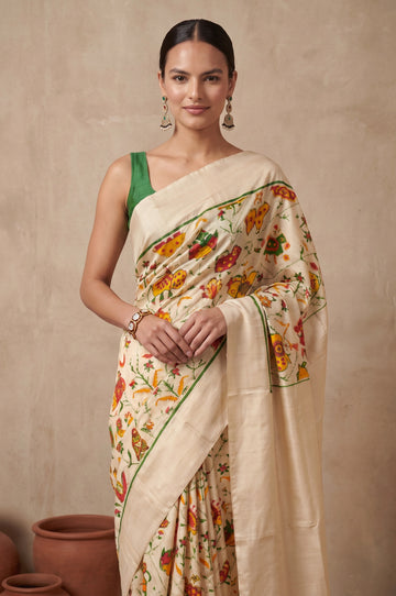 Off White Patan Patola Silk Sareewith Bird Motifs