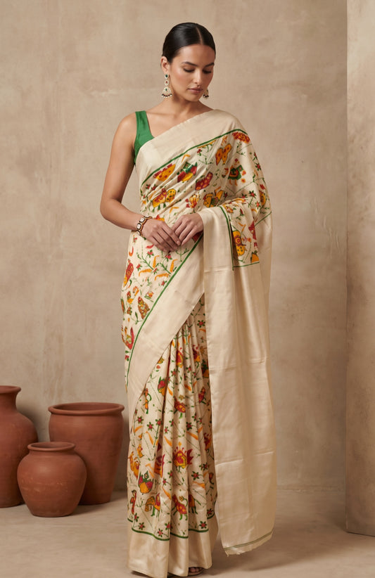 Off White Patan Patola Silk Sareewith Bird Motifs