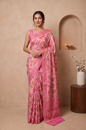 Light Pink Patan Patola Silk Saree with Tree Motifs