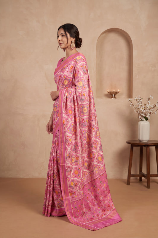 Light Pink Patan Patola Silk Saree with Tree Motifs