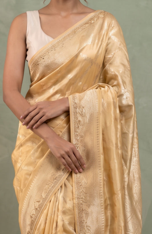 Sandal Organza Silk Saree with Leaf Motifs