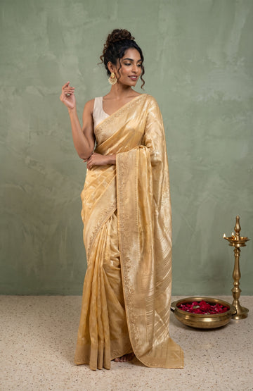 Sandal Organza Silk Saree with Leaf Motifs