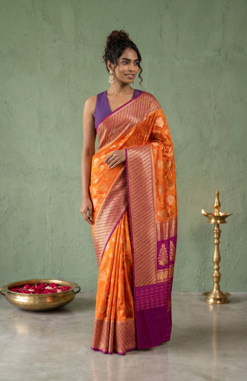 Orange Banaras Katan Silk Saree with Flower Motifs