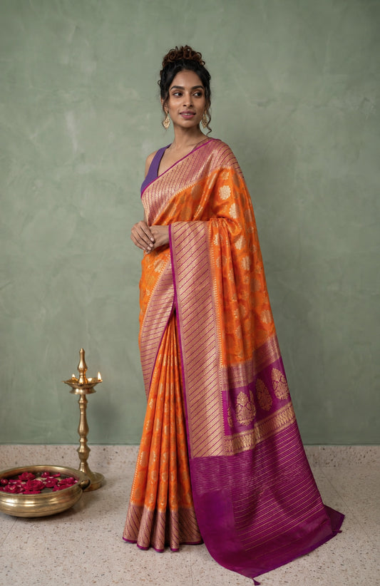 Orange Banaras Katan Silk Saree with Flower Motifs