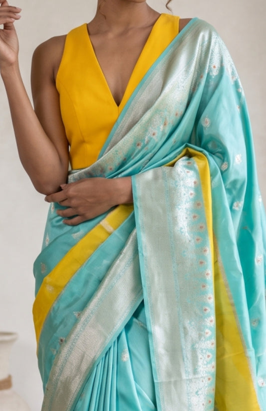 Sky Blue Katan Silk Saree with Flower Butta