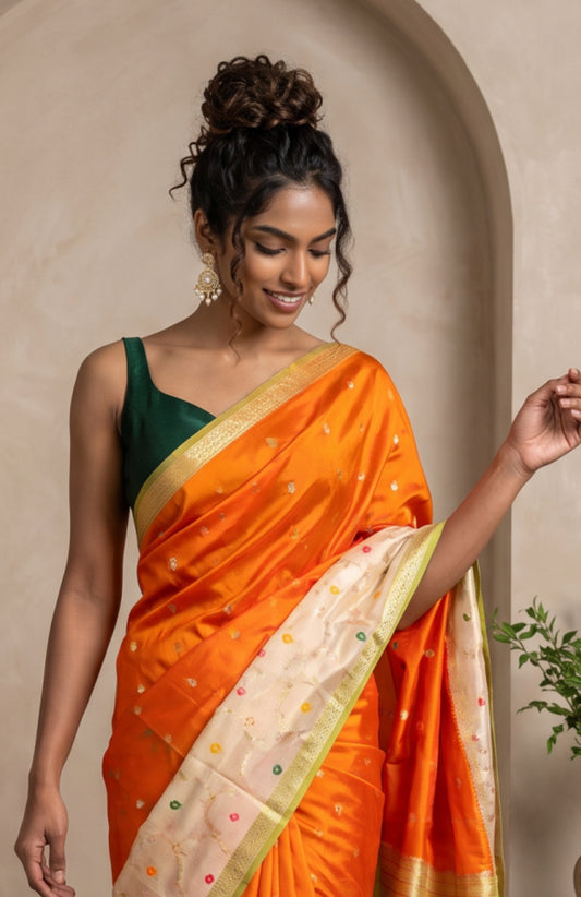 Orange Banaras Katan Silk Saree with Floral Creeper