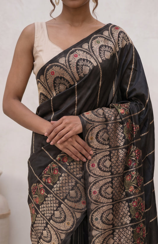 Black Katan Silk Saree with Meenakari Design