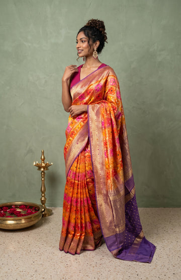 Multi-Colour Banaras Katan Silk Saree with Violet Pallu
