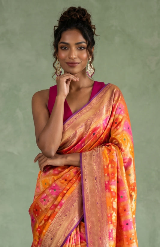 Multi-Colour Banaras Katan Silk Saree with Violet Pallu