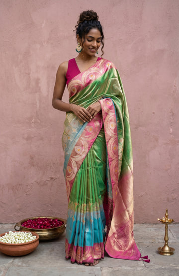 Green Banaras Katan Tissue Silk Saree with Floral Patterns